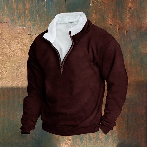 BiZtdJrK Mens Quarter Zip Sweatshirts Casual Vintage Long Sleeve Pullover Tops Loose Fit Comfy Solid Streetwear Sweatshirts Prime Sales Of The Day Wine M