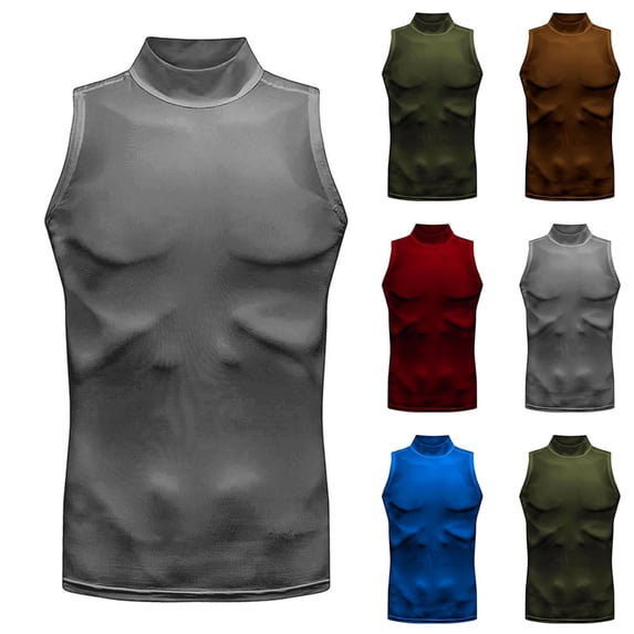 BiZtdJrK Mens Quick Dry Sleeveless Compression Shirt Solid Casual Mock Turtleneck Tank Tops Sports Fitness Base Layer Shirts, Army Green, XXL