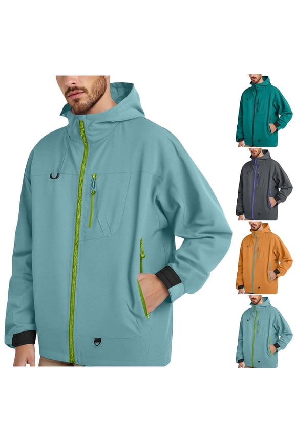 Mens Rain Jackets Zip Up Windbreakers Waterproof Hooded Raincoat Lightweight Quick Dry Hiking Fishing Travel Coats with Pockets Light Blue XXL