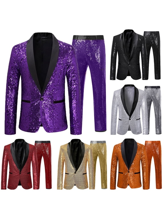 Mens Sequin Tuxedo Blazers 2 Piece Set Party Festival Glitter Suit Jacket Sport Coat and Dress Pants Wedding Guest Outfits, Purple, M