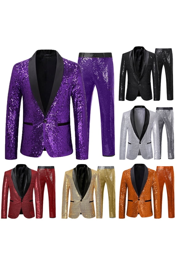 Mens Sequin Tuxedo Blazers 2 Piece Set Party Festival Glitter Suit Jacket Sport Coat and Dress Pants Wedding Guest Outfits, Purple, XL