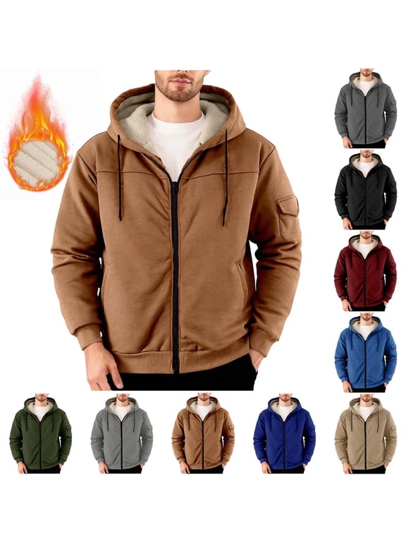 Mens Sherpa Lined Hoodie Jackets Winter Thermal Full Zip Hooded Sweatshirt with Pockets, Dark Blue, M