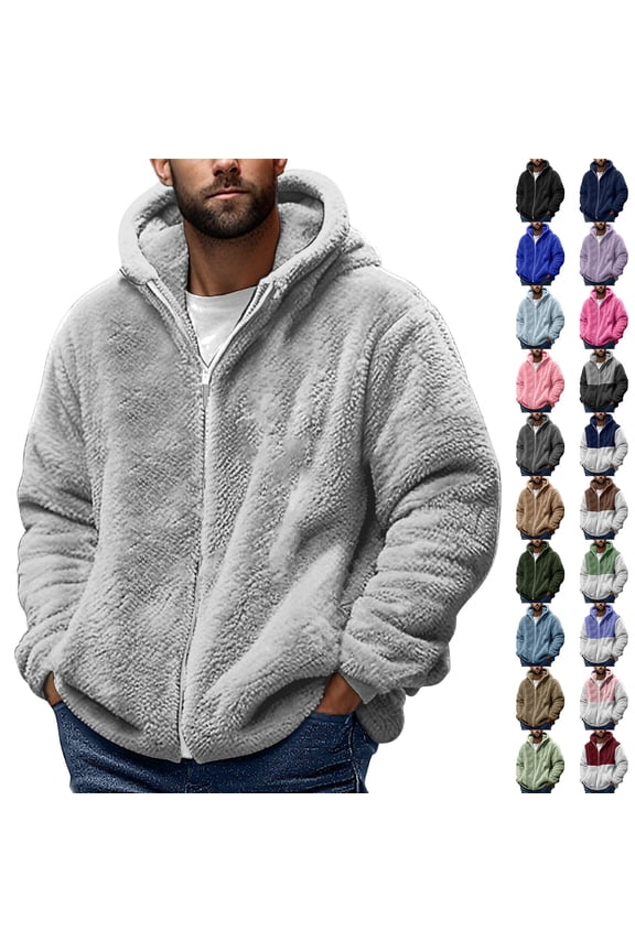 Mens Sherpa Lined Jackets Fuzzy Fleece Long Sleeve Drawstring Hooded Coat Big and Tall Winter Warm Zipper Outerwear Black XXXXL