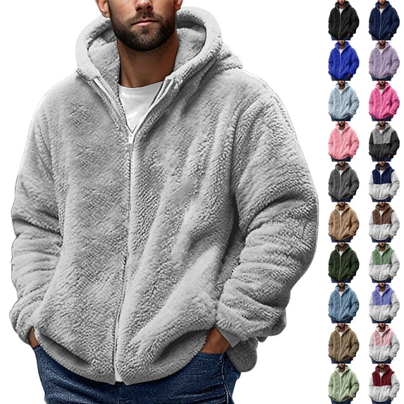BiZtdJrK Mens Sherpa Lined Jackets Fuzzy Fleece Long Sleeve Drawstring Hooded Coat Big and Tall Winter Warm Zipper Outerwear Khaki M