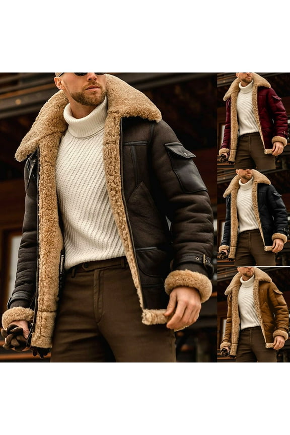 Mens Sherpa Lined Trucker Jackets Long Sleeve Zip Up Jacket Thickened Winter Coats Big and Tall Casual Parka Sales Today Clearance Brown XXL