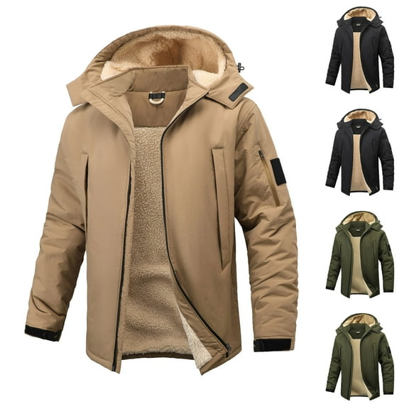 BiZtdJrK Mens Sherpa Lined Winter Jacket Zip Up Long Sleeve Solid Hoodie Coats Warm Outdoor Hiking Ski Jackets with Pocket Army Green L