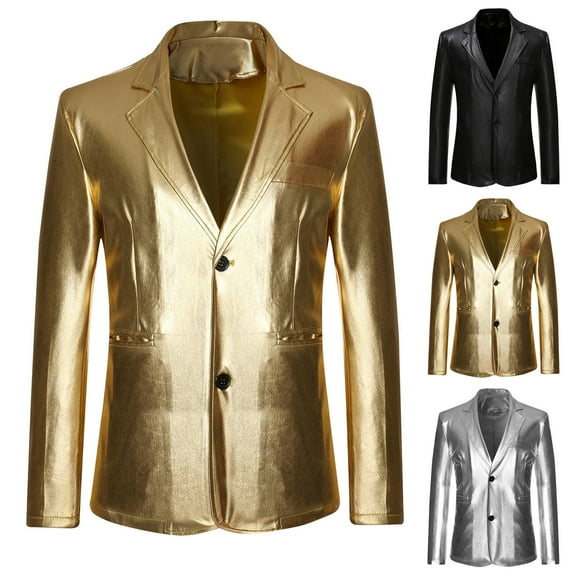 BiZtdJrK Mens Shiny Jackets Faux Leather Notched Lapel Two Button Casual Blazer Jacket Fashion Prom Party Sport Coats Black L