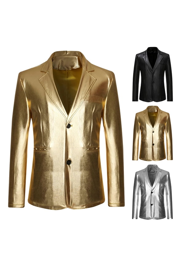 Mens Shiny Jackets Faux Leather Notched Lapel Two Button Casual Blazer Jacket Fashion Prom Party Sport Coats Gold XXL