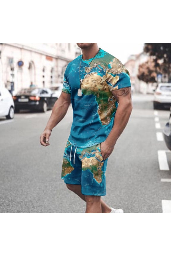 Mens Short Sets 2 Piece Outfits Summer Loose Fit Shirts and Casual Drawstring Shorts with Pockets Tracksuits Fashion Map Print Jogger Sport Set Prime Sales Navy M