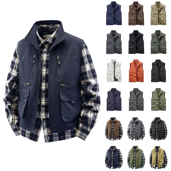 BiZtdJrK Mens Sleeveless Travel Jacket Fishing Photography Vest Plus Size Zip Up Cargo Outdoor Work Outerwear Vests with Multi Pockets Blue XXXXXL