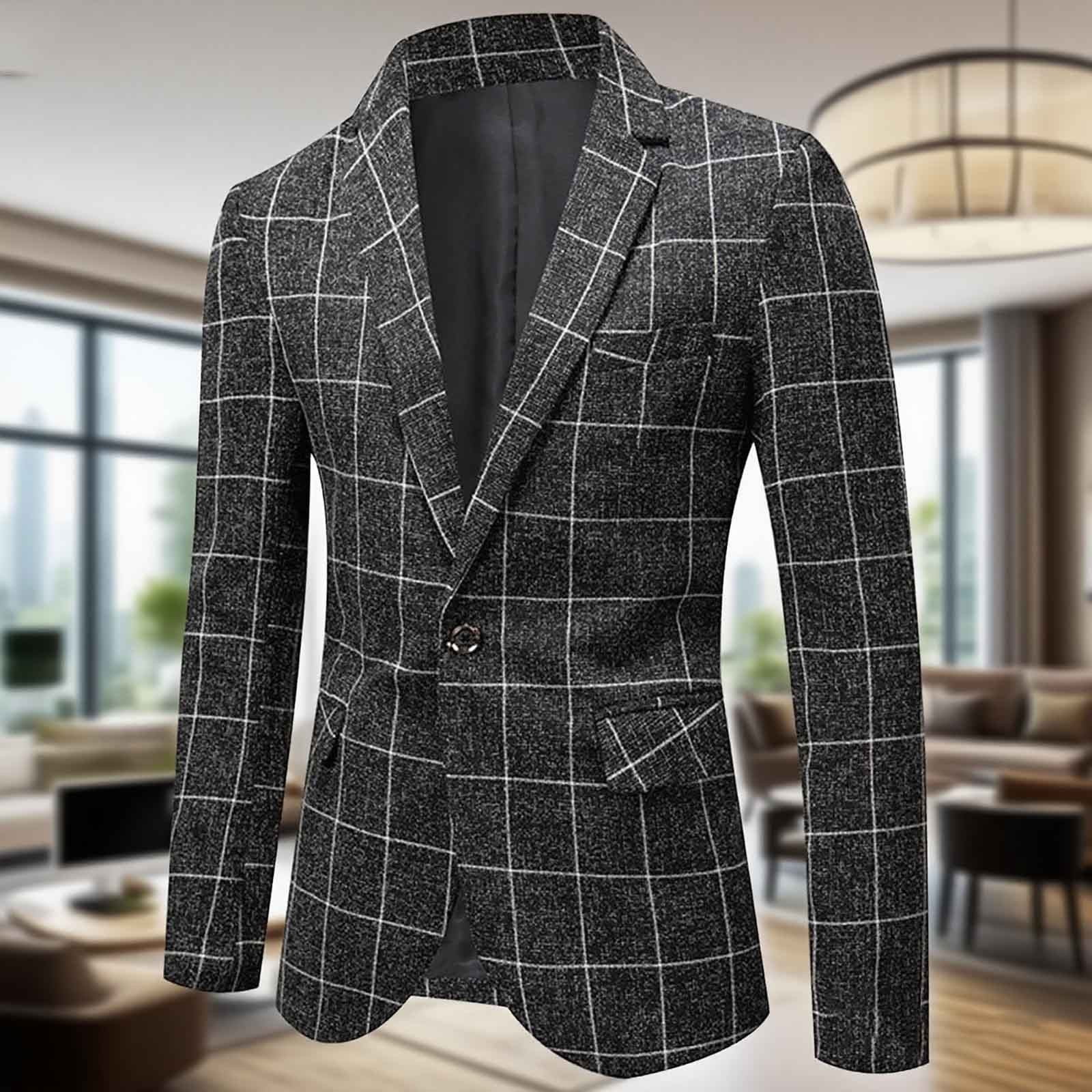 BiZtdJrK Mens Slim Fit Sport Jacket Plaid One Button Casual Blazers Big ...