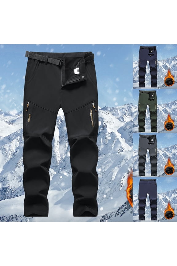 Mens Snow Ski Hiking Pants Big and Tall Fleece Lined Outdoor Pant Winter Warm Trousers with Zipper Pockets Dark Blue M