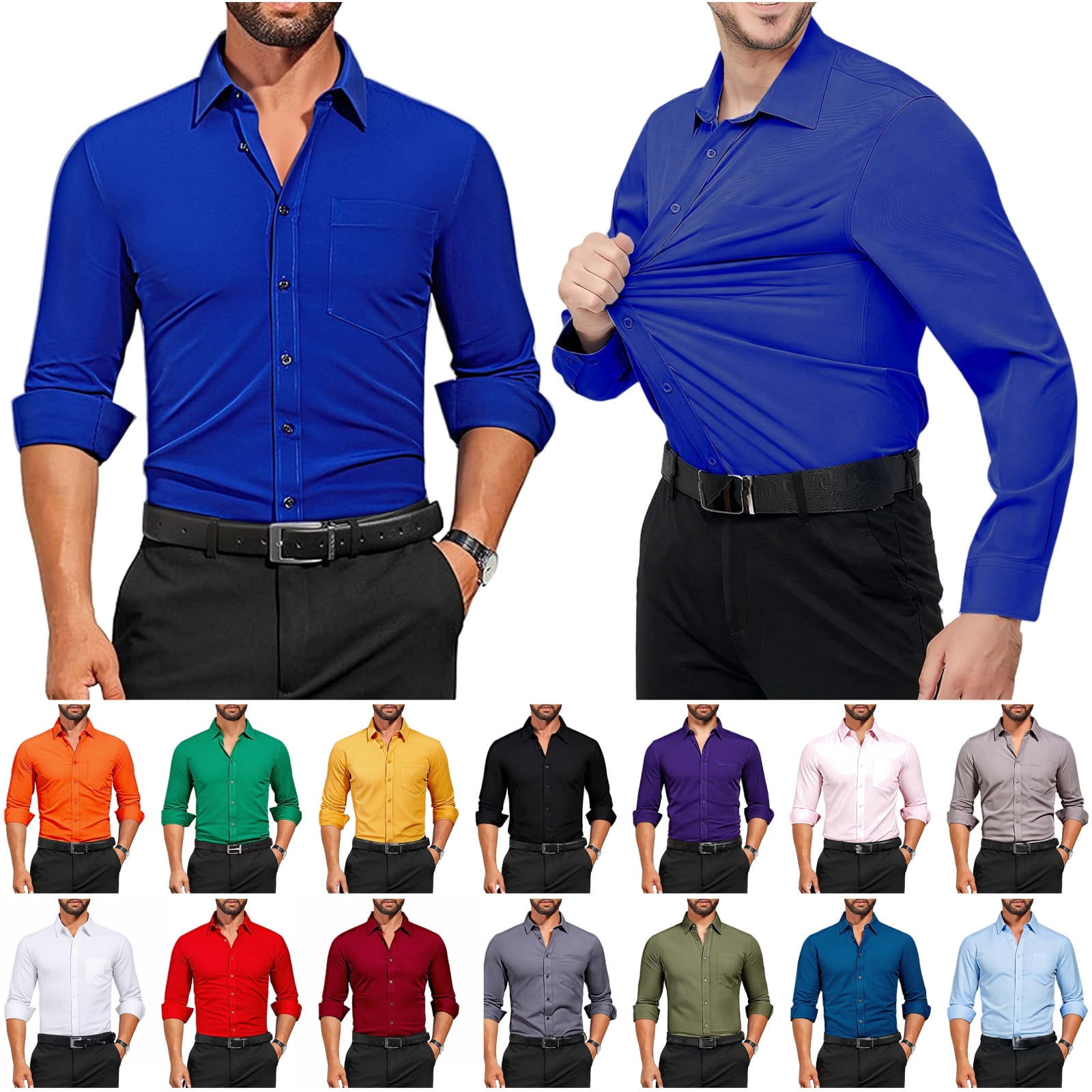 BiZtdJrK Mens Solid Color Dress Shirts Wrinkle Free Long Sleeve Button ...
