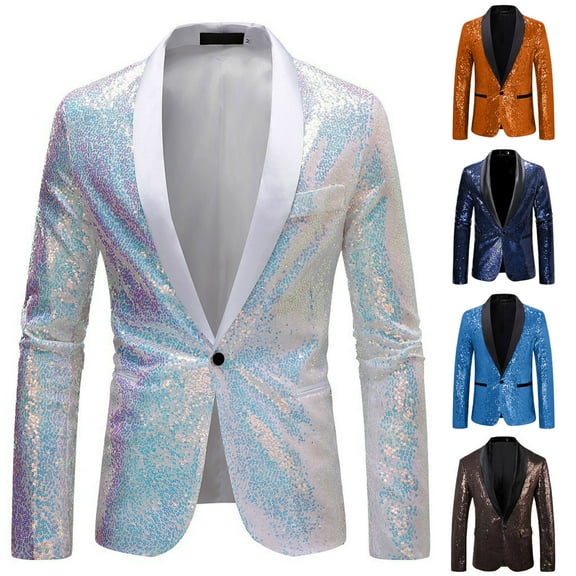BiZtdJrK Mens Sparkly Sequin Blazer Jacket One Button Long Sleeve Slim Fit Suit Jackets Wedding Party Glitter Blazers Tuxedo, Coffee, XL