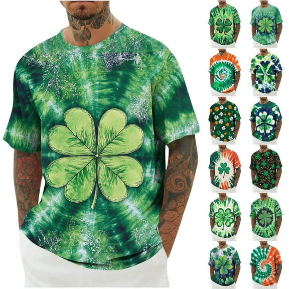 BiZtdJrK Mens St Patricks Day T-shirt Tie Dye Shamrock Graphic Tees Irish Holiday Short Sleeve Crewneck Tops Limited Time Sales Green XXXL
