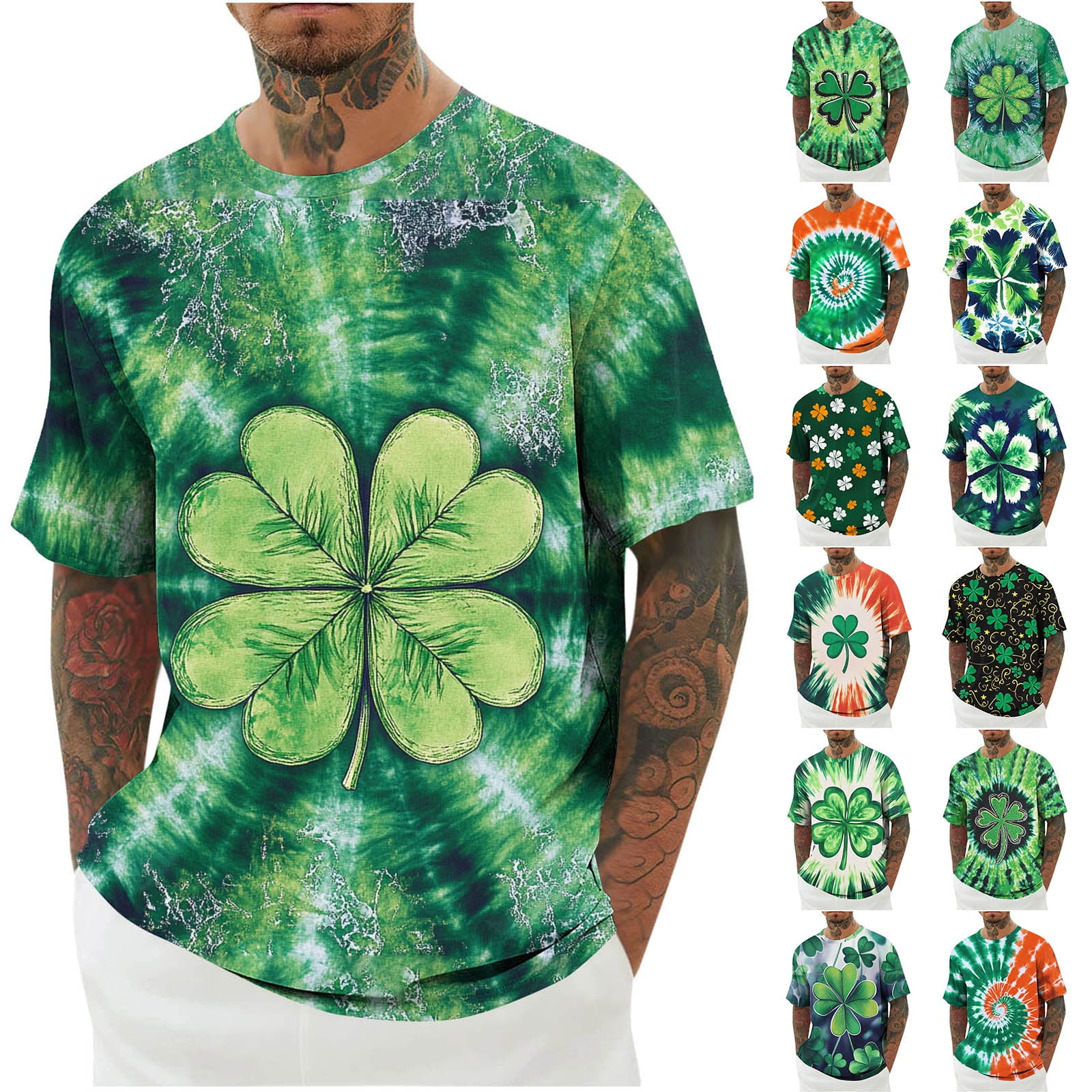 BiZtdJrK Mens St Patricks Day T-shirt Tie Dye Shamrock Graphic Tees ...