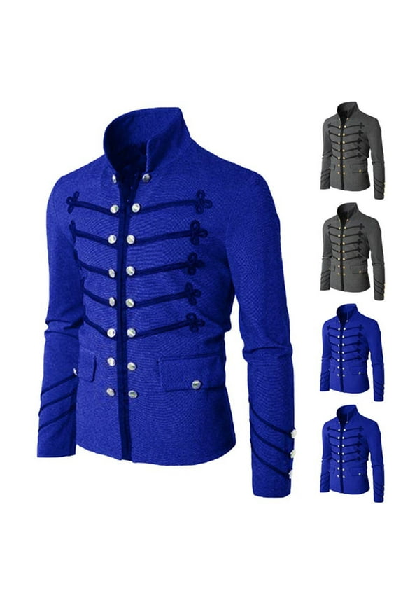 BiZtdJrK Mens Steampunk Military Jacket Medieval Victorian Zip Up Suit Jackets Vintage Gothic Party Outwear Halloween Costume, Blue, XL