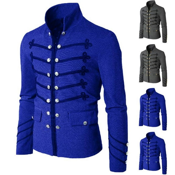 BiZtdJrK Mens Steampunk Military Jacket Medieval Victorian Zip Up Suit Jackets Vintage Gothic Party Outwear Halloween Costume, Blue, XXL