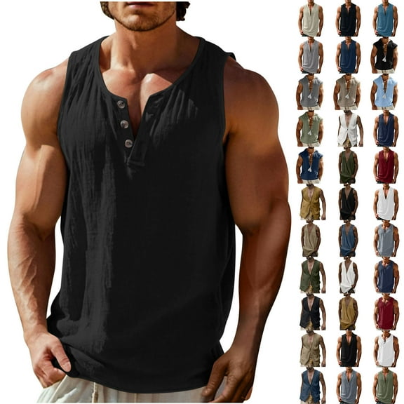 BiZtdJrK Mens Tank Tops Cotton Linen Beach Sleeveless Shirts Summer Boho V Neck Casual Lightweight Yoga Athletic Lounge Tanks Dark Blue XXL