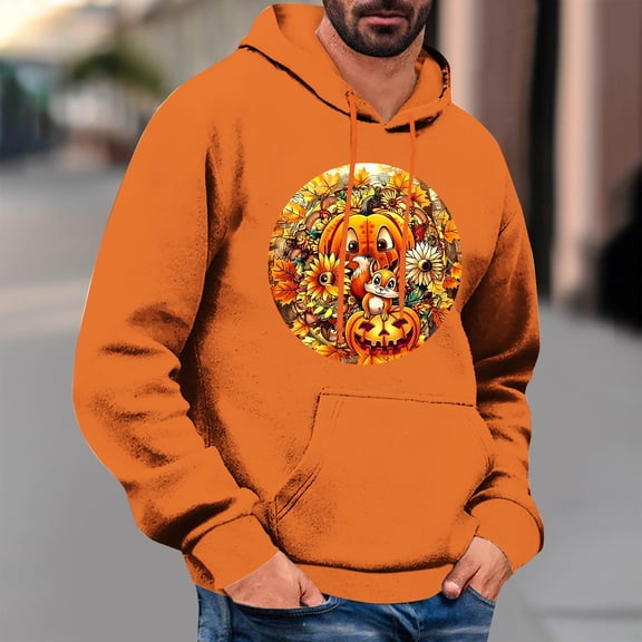 BiZtdJrK Mens Thanksgiving Hoodie Sweatshirt Casual Long Sleeve Drawstring Sweatshirts Funny Graphic Print Holiday Pullover Tops with Front Pocket Back To College Sale Orange XXL