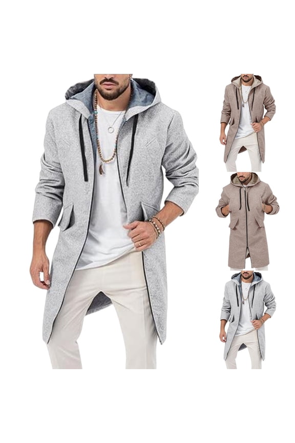 BiZtdJrK Mens Trench Coat Wool Blend Long Hoodie Jacket Full Zip Winter Classic Business Overcoat with Pockets, Khaki, XL
