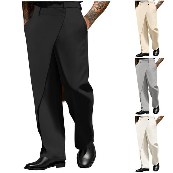 BiZtdJrK Mens Trendy Dress Pants Irregular High Waist Straight Leg Casual Pants Wedding Party Suit Pants with Pockets Beige M
