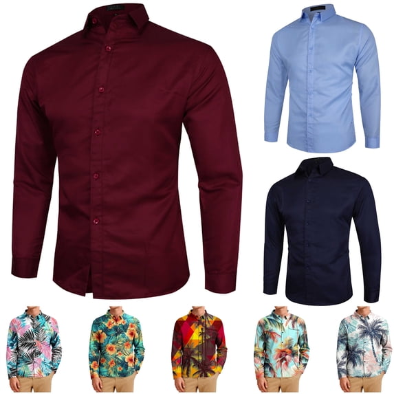 BiZtdJrK Mens Tropical Floral Hawaiian Shirts Button Down Long Sleeve Lapel Shirt Summer Beach Tops Holiday Outfits, Orange, XXXXXL