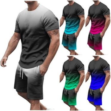 BiZtdJrK Mens Two Piece Sets Summer Short Sleeve Tshirts Matching Casual Drawstring Beach Shorts Outfits Loose Plus Size Gradient Print Tracksuits Prime Sales Black L