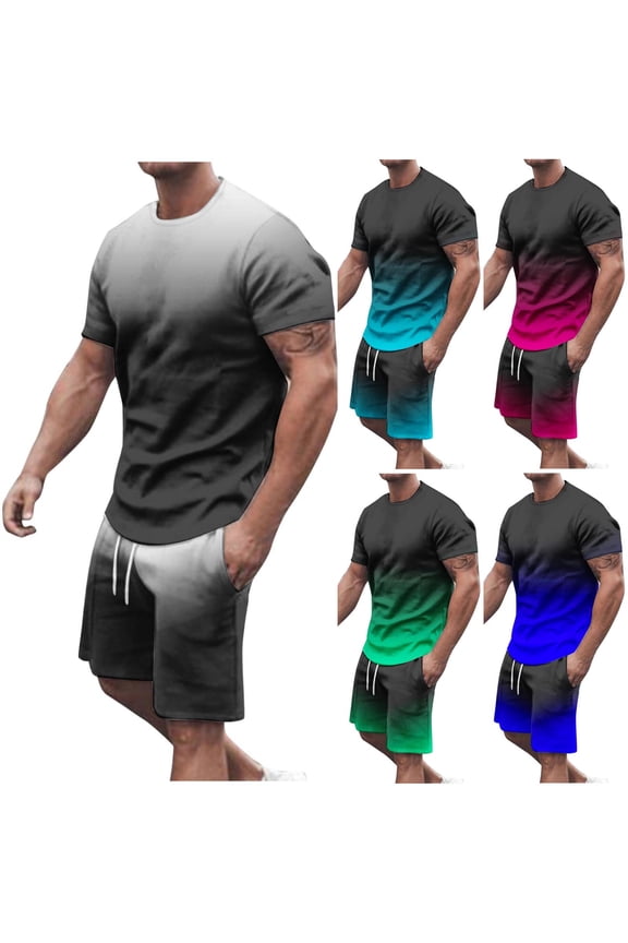 Mens Two Piece Sets Summer Short Sleeve Tshirts Matching Casual Drawstring Beach Shorts Outfits Loose Plus Size Gradient Print Tracksuits Todays Daily Sales Black XXL
