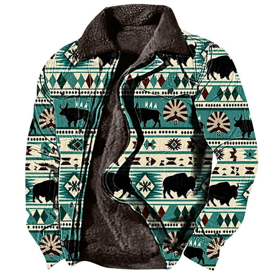BiZtdJrK Mens Western Aztec Jacket Vintage Print Sherpa Warm Jackets Fleece Lined Ethnic Style Casual Zipper Winter Coat with Pockets 50% Percent Off Sales Today Army Green L