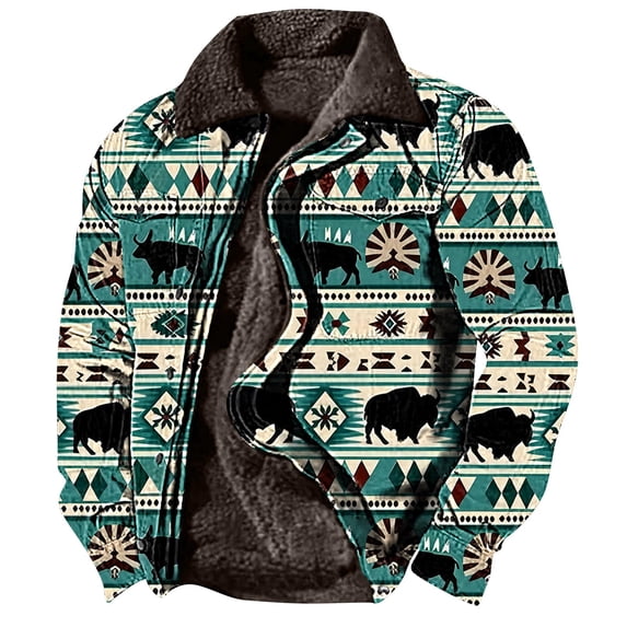 BiZtdJrK Mens Western Aztec Jacket Vintage Print Sherpa Warm Jackets Fleece Lined Ethnic Style Casual Zipper Winter Coat with Pockets 50% Percent Off Sales Today Army Green L