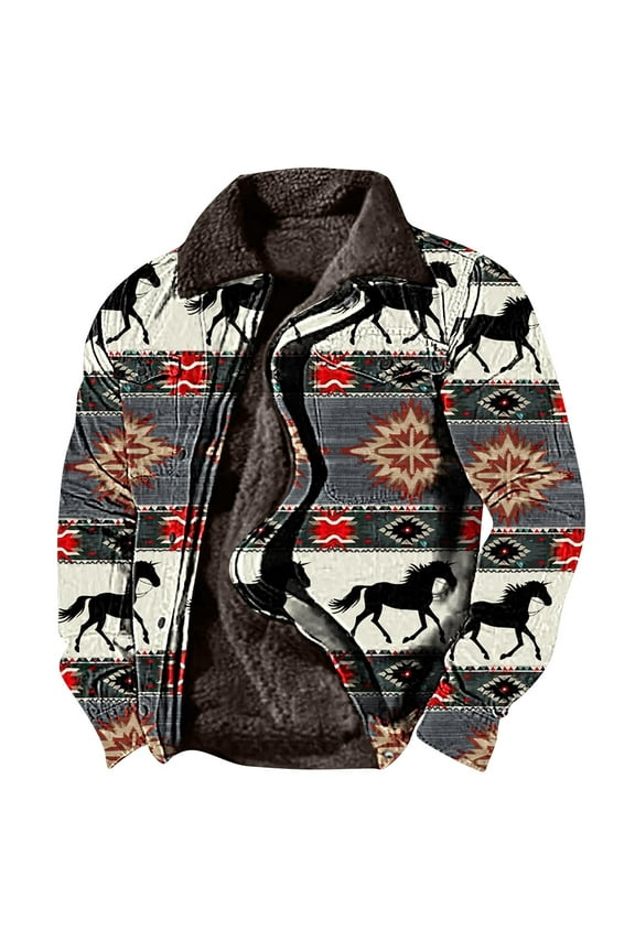 Mens Western Aztec Jacket Vintage Print Sherpa Warm Jackets Fleece Lined Ethnic Style Casual Zipper Winter Coat with Pockets Todays Daily Sales Clearance Brown L