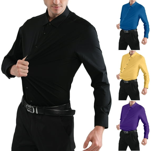 BiZtdJrK Mens Wrinkle Free Long Sleeve Dress Shirts Regular Fit Business Casual Shirt Solid Color Lapel Formal Wedding Party Prom Shirts Back to College Sales Black M