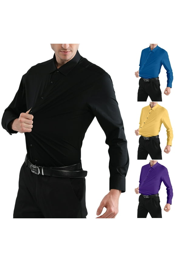 Mens Wrinkle Free Long Sleeve Dress Shirts Regular Fit Business Casual Shirt Solid Color Lapel Formal Wedding Party Prom Shirts Lightning Sales of Today Blue XL