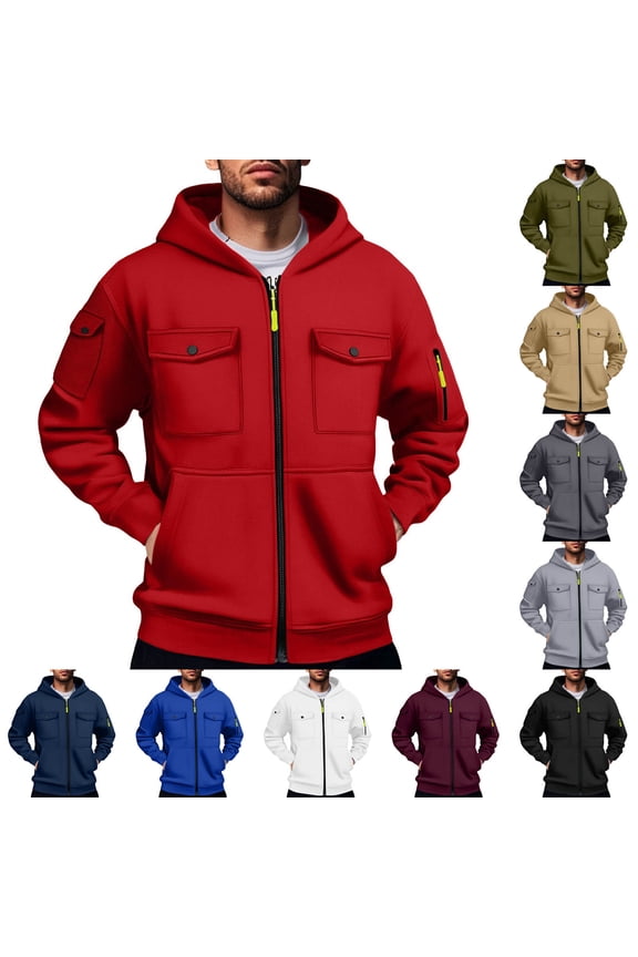 BiZtdJrK Mens Zip Up Tactical Hoodies Workout Cargo Jackets Casual Winter Hooded Sweatshirt with Pockets, Blue, M