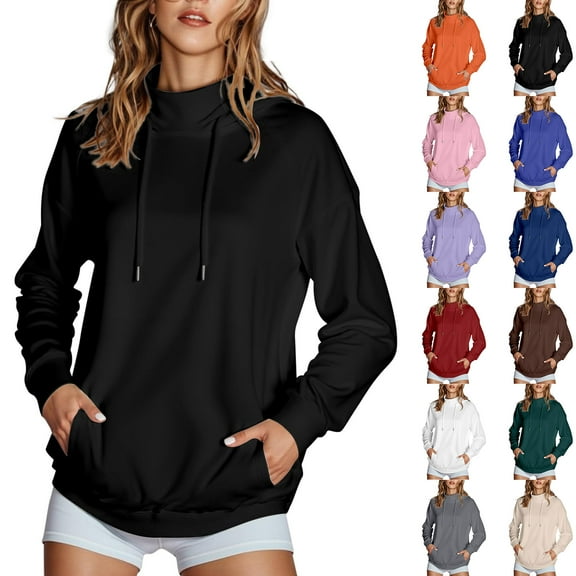 BiZtdJrK Mock Neck Hoodie Women Basic Solid Long Sleeve Sweatshirts with Pockets Lightweight Casual Athletic Hooded Pullover Blue XL