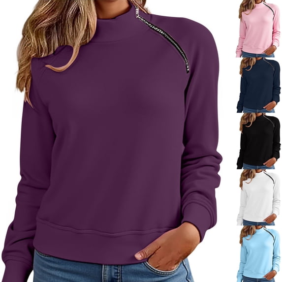 BiZtdJrK Mock Neck Sweatshirt Women Side Zipper Long Sleeve Solid Casual Pullover Tops Fall Fashion Sweatshirts Sky Blue L