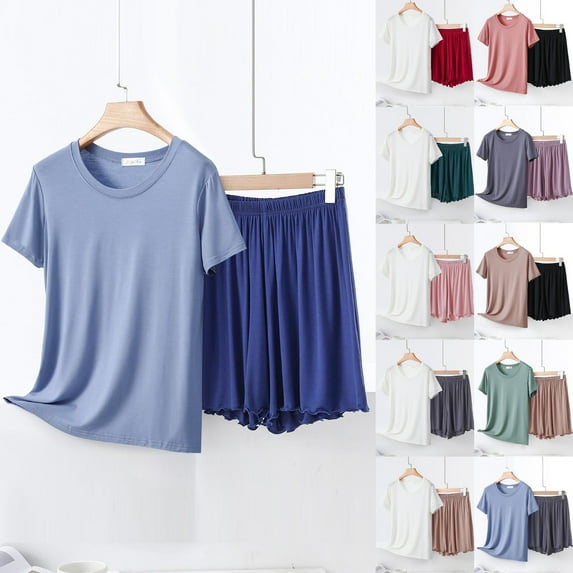 BiZtdJrK Modal Sleepwear for Women Ruffle Soft Lounge 2 Piece Sets Crew Neck Short Sleeve Tops and Shorts Matching Pajama Sets Birthday Gift Green M