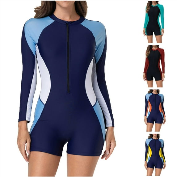 BiZtdJrK Modest Long Sleeve Swimsuits for Women Rash Guard Surfing One Piece Bathing Suit High Neck Athletic Front Zip Swimwear, Orange, XL