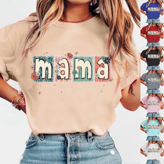 BiZtdJrK Mother's Day Tshirts Gifts Trendy Print Tops for Women Short Sleeve Blouse Casual Goig Out Tees Blue S