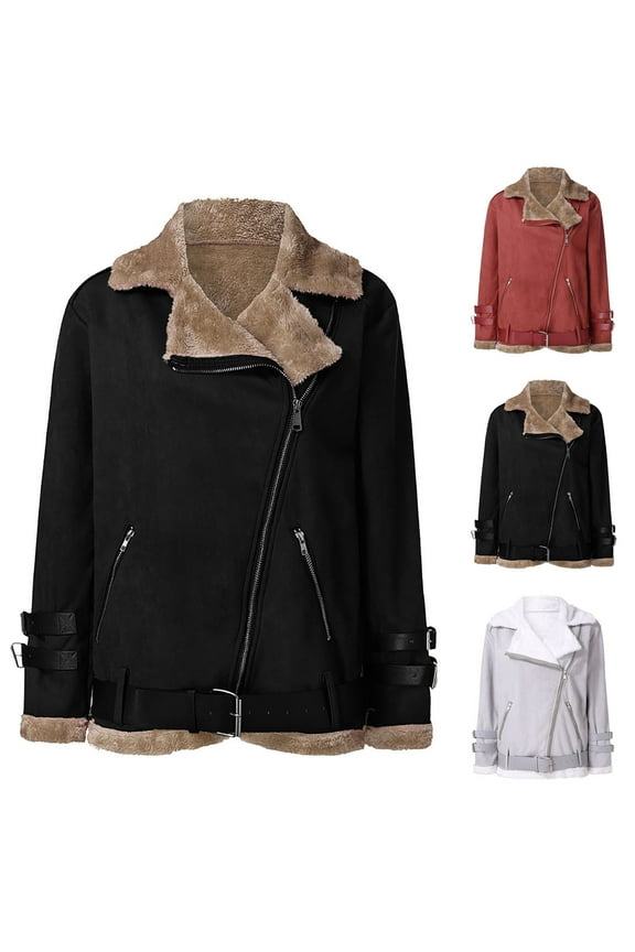 Moto Biker Jackets for Women Fashion Faux Suede Leather Coats Casual Slant Zip Long Sleeve Sherpa Lined Jacket with Pockets Sales Today Clearance Black S