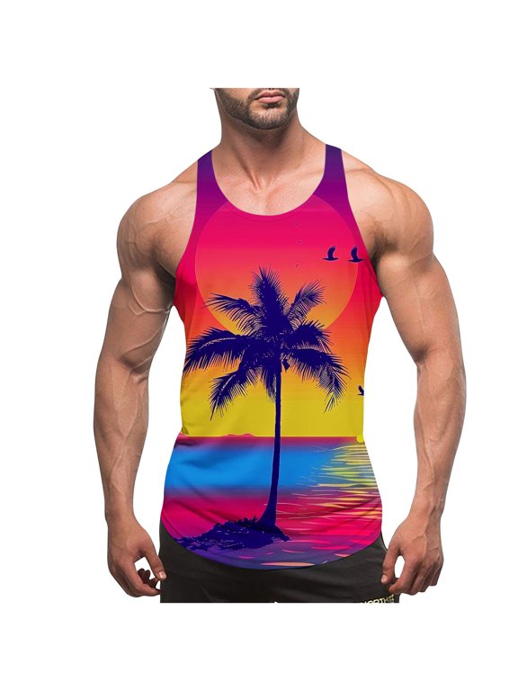 Muscle Tank Tops Men Fashion Graphic Stringer Sleeveless Round Neck Athletic Tees Hawaiian Beach Vacation T-Shirts Multicolor L