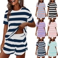 thumbnail image 1 of BiZtdJrK Navy Casual Pajama Sets for Women Striped Crew Neck Short Sleeve Tops Side Split Pj Shorts 2 Piece Set Fashion Summer Outfits XL, 1 of 10