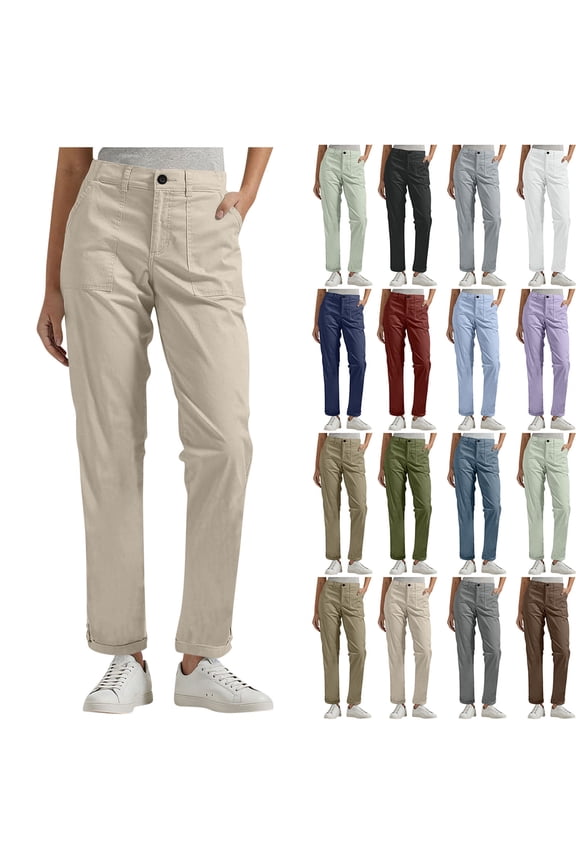 BiZtdJrK Navy Women's Straight Leg Cargo Pants High Waist Dressy Casual Twill Chino Slacks Solid Color Button Down Work Trousers with Pockets