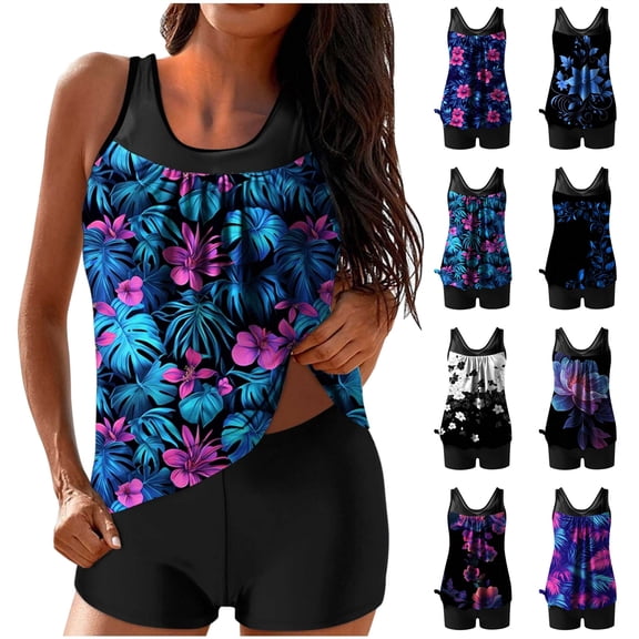 BiZtdJrK Navy Womens Boho Tankini Sets Cute Print Tank Top with Boyshorts Two Piece Blouson Swimwear Holiday Beach Outfits L