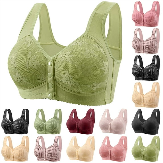 BiZtdJrK Plus Size Daisy Bras for Older Women Comfy Front Closure Push Up No Underwire Sport Bra Seniors Lace Underwear, Green, L