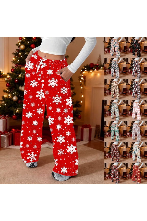 Novelty Graphic Pants for Women Snowman Graphic High Waist Flannel Trousers Drawstring Funny Christmas Pant with Pockets Multicolor L