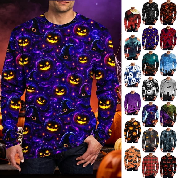 BiZtdJrK Novelty Halloween T Shirts for Men Pumpkin Face Graphic Long Sleeve Shirt Crew Neck Fashion Holiday Party Tee Tops Purple S