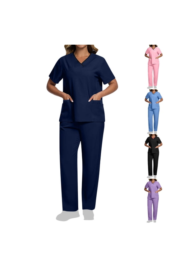 Nursing Scrubs for Women Lightweight Medical Uniform V Neck Short Sleeve Scrub Tops and Pants 2 Piece Sets with Pockets Navy XXL
