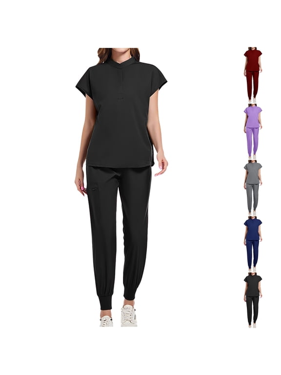 Nursing Uniform for Women Cap Sleeve Stand Collar Tops and Jogger Pants Lightweight Scrub 2 Piece Sets with Pockets Birthday Gift Gray M